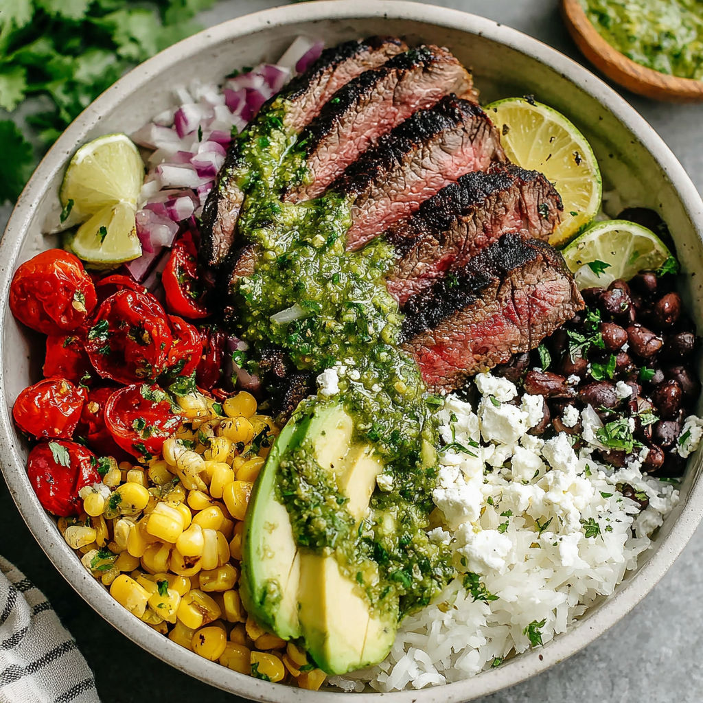 A bowl of food with a steak and vegetables.