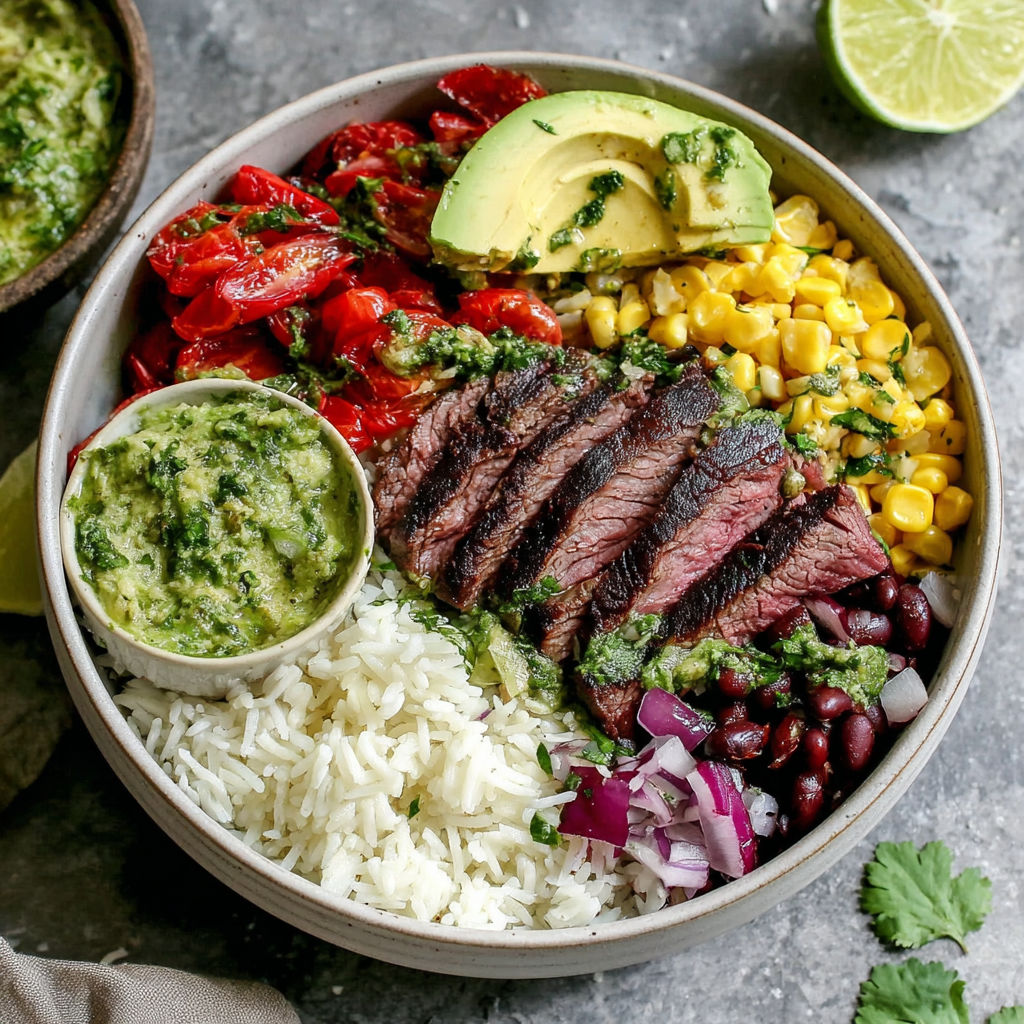 A bowl of food with rice, beans, corn, and steak.