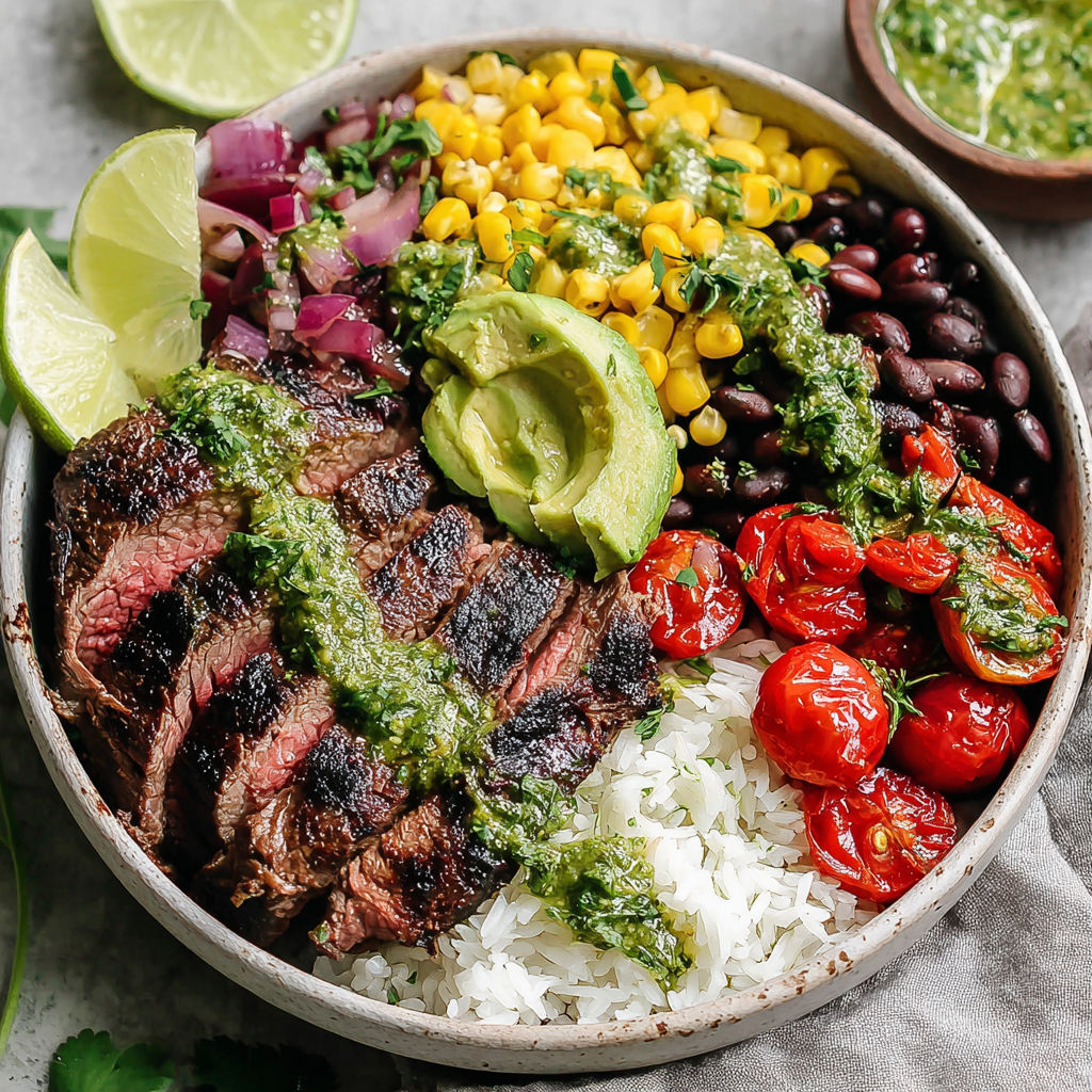 A bowl of food with a steak and vegetables.