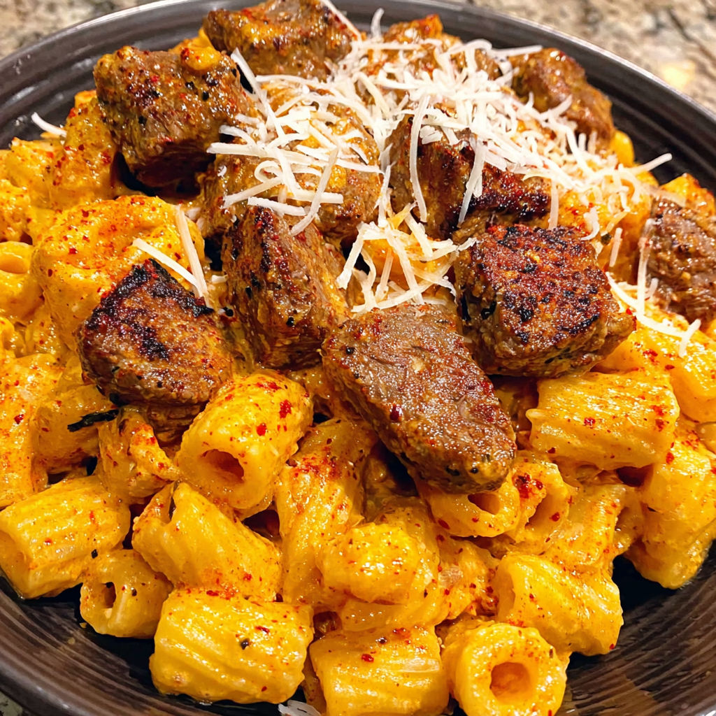 A bowl of Cajun steak tips in cheesy rigatoni parmesan sauce.