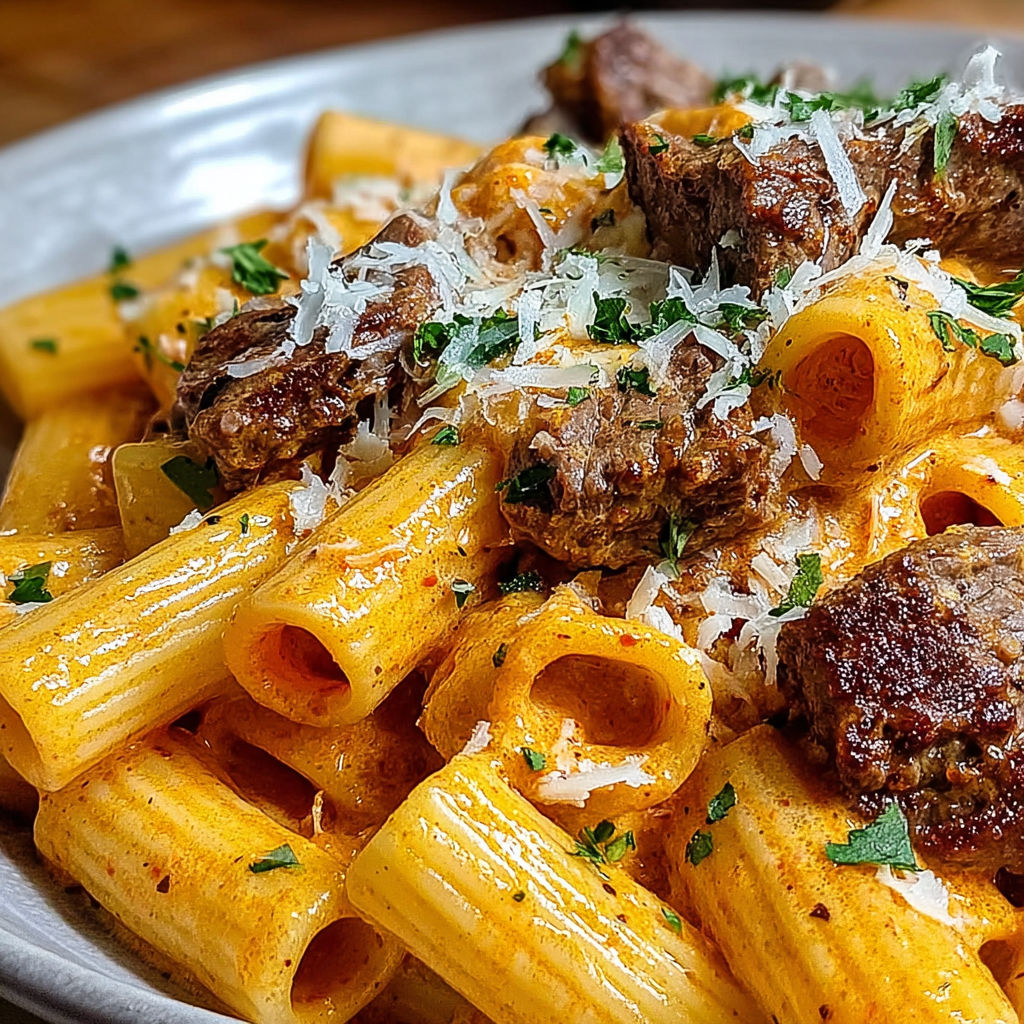 A plate of Cajun Steak Tips in Cheesy Rigatoni Parmesan Sauce.