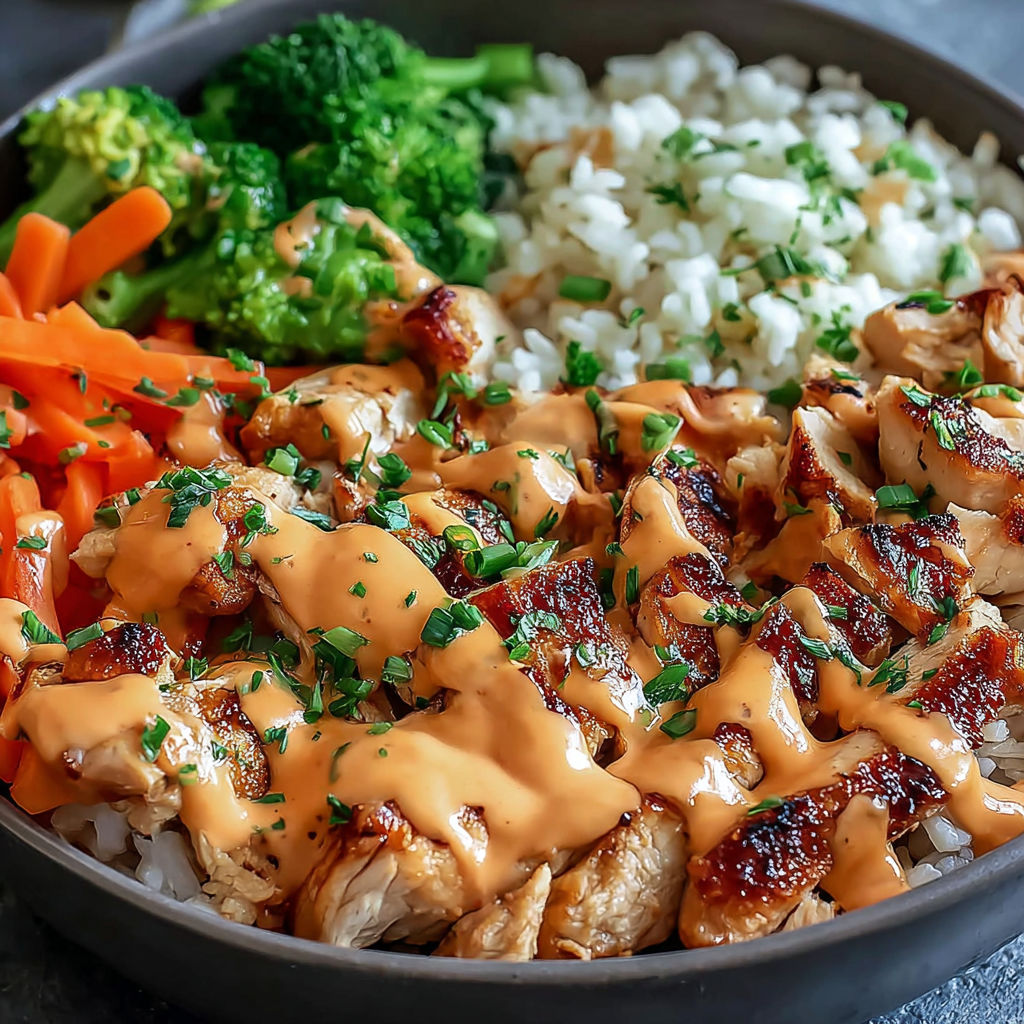 A bowl of food with chicken, broccoli, carrots, and rice.