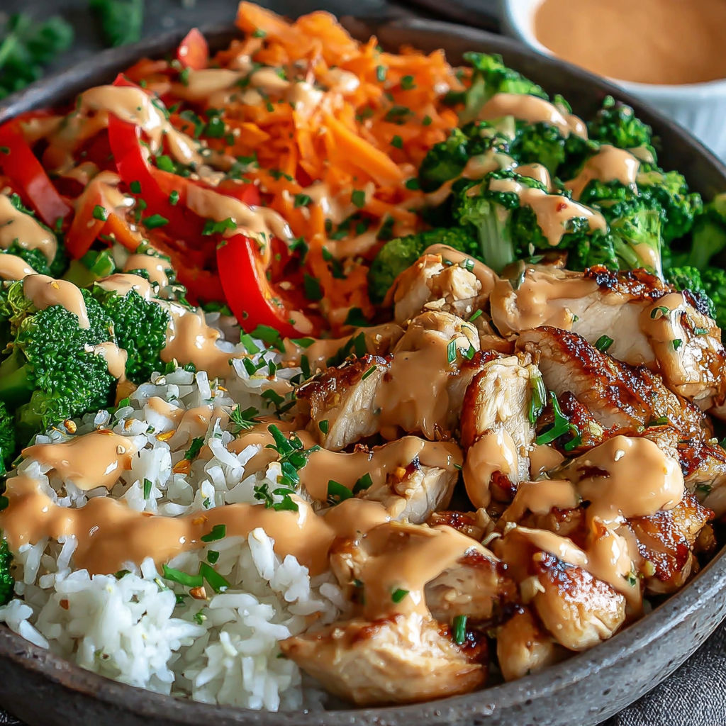 A bowl of food with rice, broccoli, carrots, and chicken.