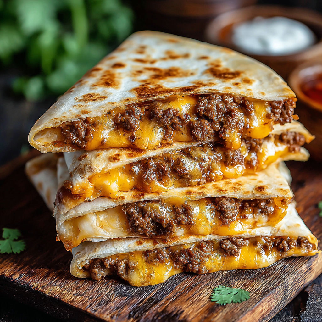 A stack of three quesadillas with cheese and meat.