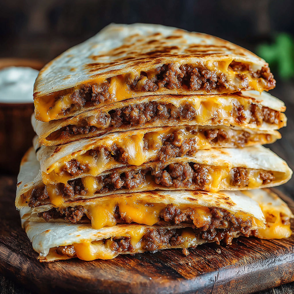 A stack of quesadillas with cheese and meat.