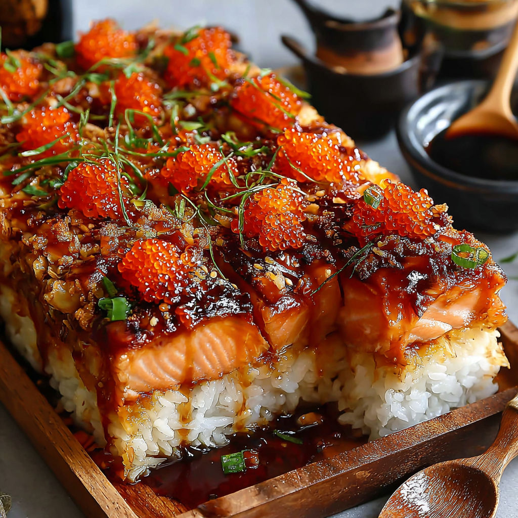 A dish of spicy salmon sushi bake.