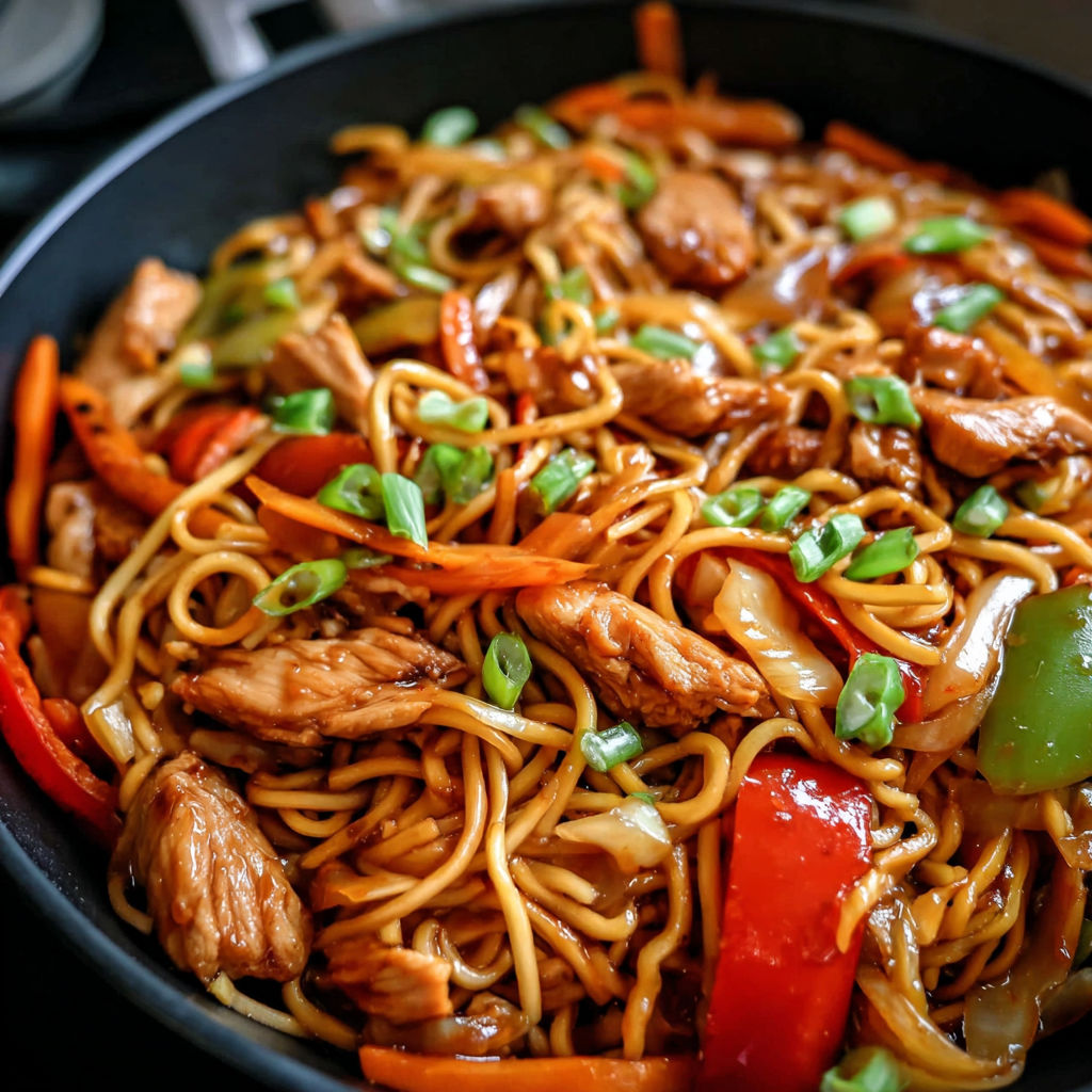 A bowl of chicken lo mein with peppers and onions.