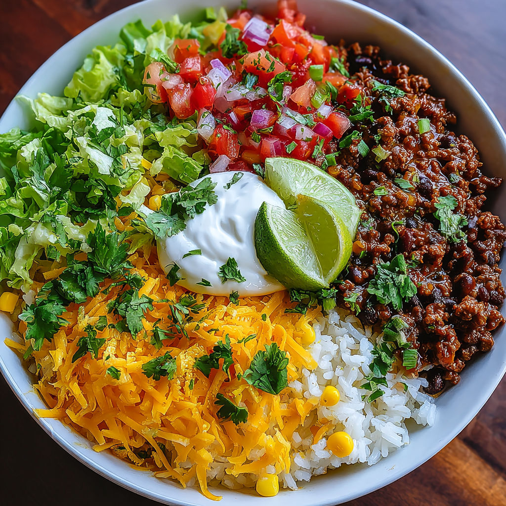 A taco rice bowl with various ingredients.