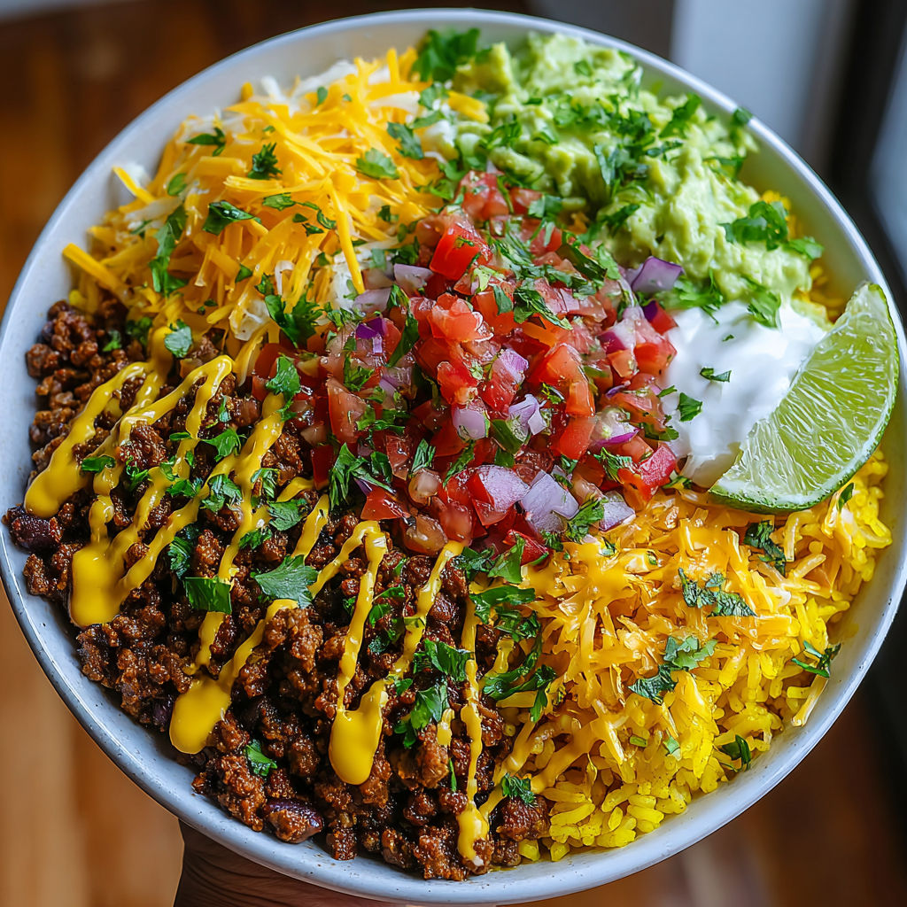 A taco rice bowl with various toppings.