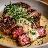 A juicy steak with creamy garlic sauce.