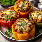 A plate of stuffed peppers with cheese and bacon.