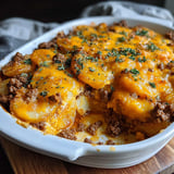 A white bowl filled with a delicious hobo casserole.