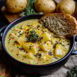 A bowl of soup with a slice of bread on top.