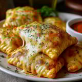 A plate of cheesy pizza pockets.