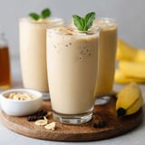 Three glasses of Korean banana milk on a wooden tray.