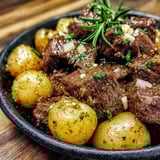 A plate of beef and potatoes with garlic butter.