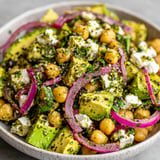 A bowl of chickpea feta avocado salad.
