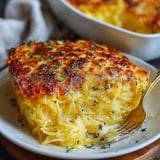 A white plate with a spaghetti squash dish on it.