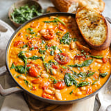 A bowl of creamy tomato white bean stew with a slice of bread on top.