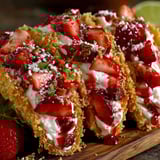 A plate of strawberry crunch cheesecake tacos.
