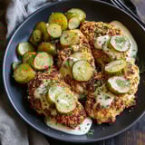 A plate of dill pickle parmesan chicken.