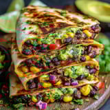 A stack of vegan quesadillas with black beans and avocado.