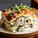 A large lasagna with mushrooms and spinach on top.