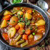 A bowl of stew with carrots and peas.