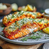 A plate of salmon with Parmesan cheese on top.