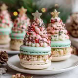 A plate of Christmas tree cake macarons.