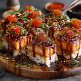 A plate of sushi with orange toppings.