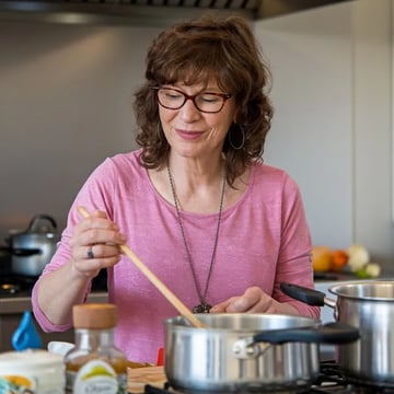 A woman cooking in a kitchen.