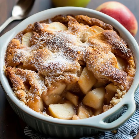 A bowl of apple cobbler with a spoon in it.