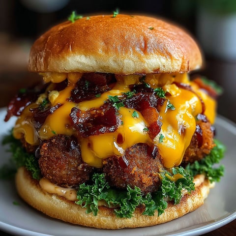 A close up of a bacon cheeseburger with meatballs.