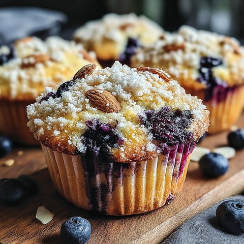 A close up of a blueberry muffin with nuts on top.