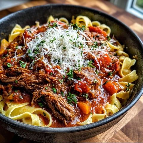 A bowl of beef ragu with pasta and cheese.