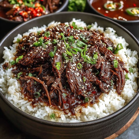 A bowl of beef with rice and green onions.