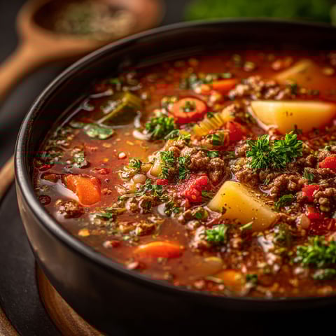 A bowl of soup with meat and vegetables.