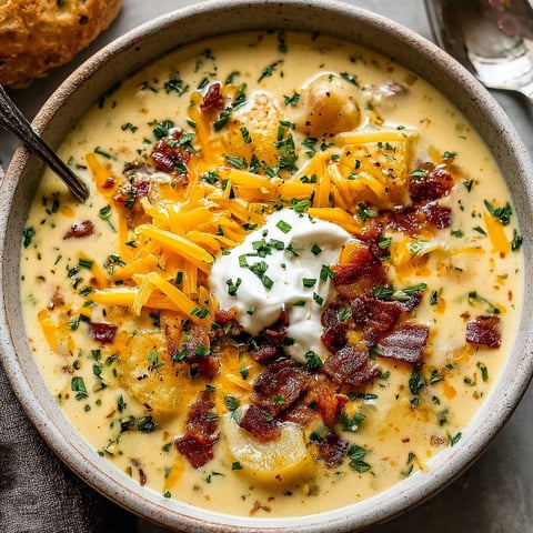A bowl of soup with cheese and bacon.