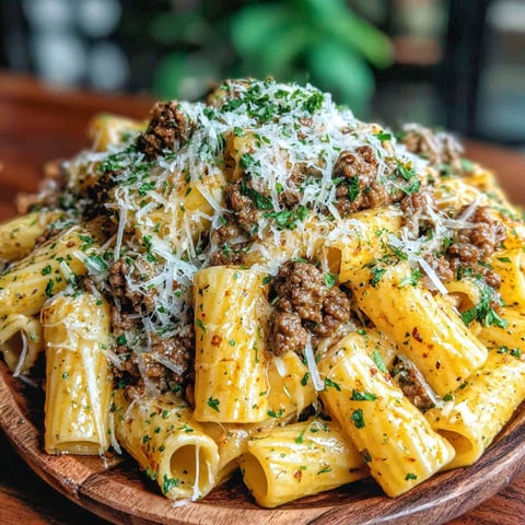 A plate of rigatoni with meat and cheese.