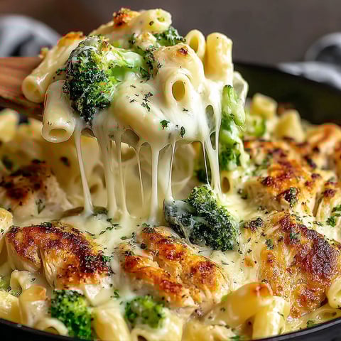 A close up of a delicious chicken and broccoli alfredo bake.