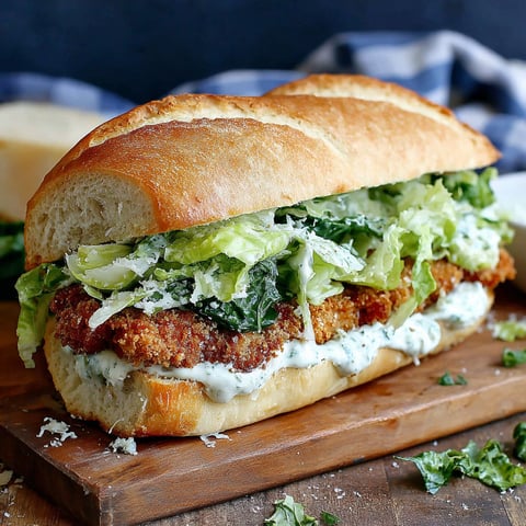 A crispy chicken Caesar sandwich on a wooden table.