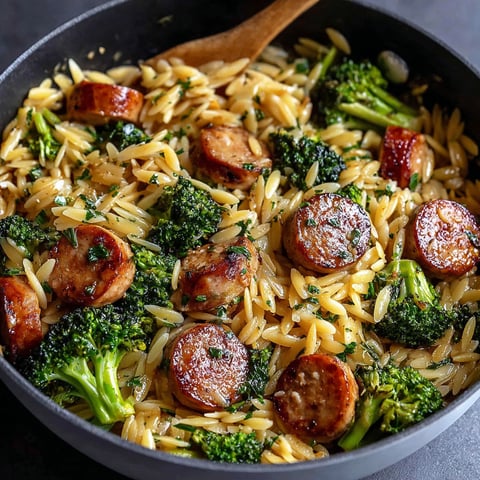A delicious recipe of chicken sausage and broccoli orzo.