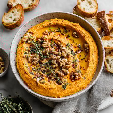 A bowl of pumpkin whipped feta dip with bread.