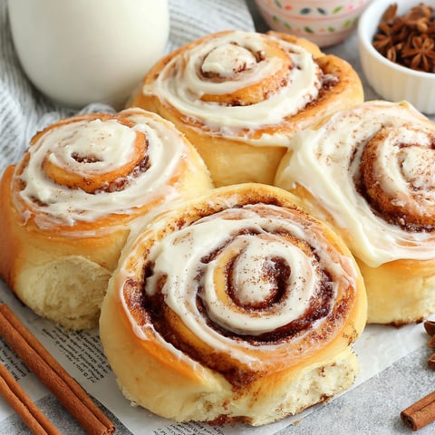 Three cinnamon rolls on a table.