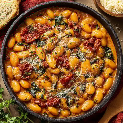 A bowl of beans with cheese and tomatoes.