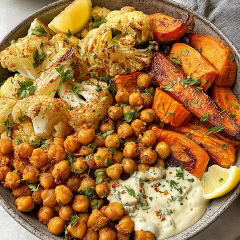 A glow bowl recipe with roasted vegetables and tahini yogurt sauce.