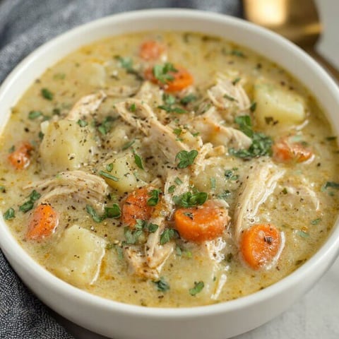 A bowl of chicken pot pie soup.