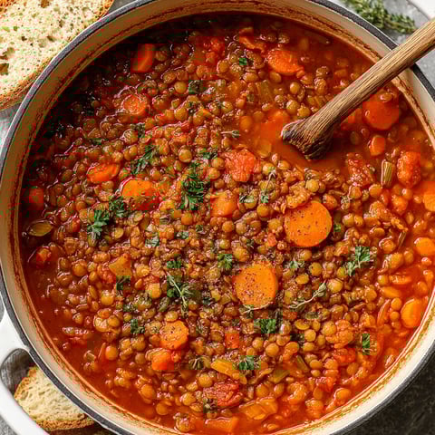 A bowl of lentil soup with carrots and herbs.