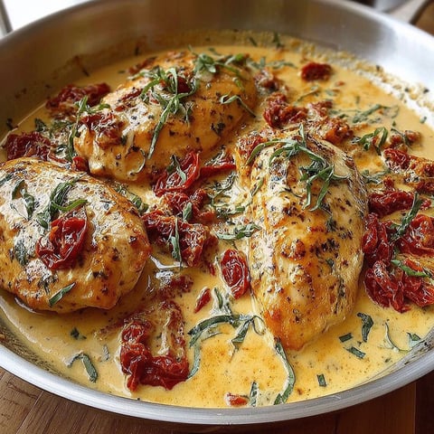 A pan of chicken with red peppers and herbs.